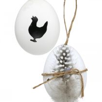 Velikonoční dekorace, slepičí vajíčka na zavěšení, ozdobná vajíčka peříčka a kuře, hnědá, modrá, bílá sada 6 ks