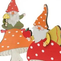položky Muchomůrka na podzim, dřevěná dekorace, trpaslík na houbě oranžová / červená H21 / 19,5cm 4ks
