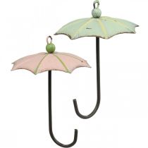 Deštníky na zavěšení, jarní dekorace, deštník, kovová dekorace růžová, zelená V12,5cm Ø9cm 4ks