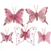 Deco motýlci s klipem, motýlci peří růžoví 4,5–8cm 10ks