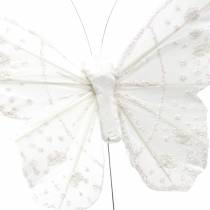 Peříčkový motýlek na drátu bílý se třpytkami 10cm 12ks
