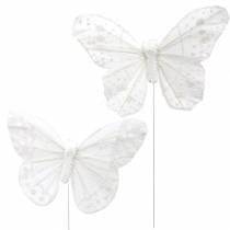 Peříčkový motýlek na drátu bílý se třpytkami 10cm 12ks