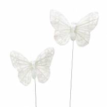 Péřový motýlek s drátem bílý, třpytky 5cm 24ks