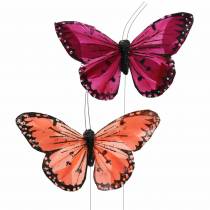Péřový motýl s drátem barva lososová a fialová 10cm 12 kusů