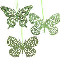 Dekorační věšák motýlek zelený třpyt8cm 12ks