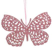 Dekorační věšák motýl růžový třpyt10cm 6ks