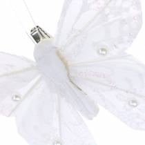 Péřový motýl na klipu bílý 10 cm 12 ks