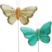 Motýl se třpytkami, deko špunty, pírko motýl jarní žlutá, tyrkysová, zelená 4×6,5cm 24ks
