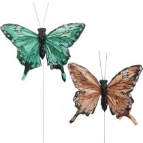 Dekorativní motýli, jarní dekorace, motýlci z peří, zátky rostlin zelené, hnědé 9,5×12,5 cm 12ks
