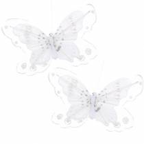 Péřový motýl na klipu bílý 10cm 12 ks
