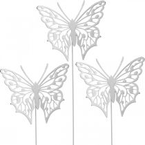 Květinová zátka motýl, zahradní dekorace kovová, rostlinná zátka shabby chic bílá, stříbrná L51cm 3ks