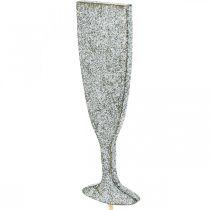 Silvestrovská dekorace sklenice na šampaňské stříbrná květinová zátka 9cm 18ks