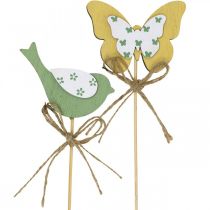 Zástrčka ptáček motýlek, dřevěná dekorace, rostlinná zátka jarní dekorace zelená, žlutá L24/25cm 12ks