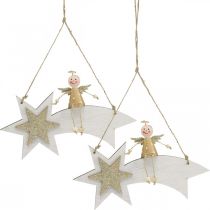 položky Anděl na padající hvězdě, vánoční dekorace na zavěšení, adventní bílá, zlatá V13cm Š21,5cm 2ks