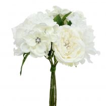 Dekorativní kytice bílá s perličkami a kamínky 29cm