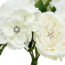 Dekorativní kytice bílá s perličkami a kamínky 29cm