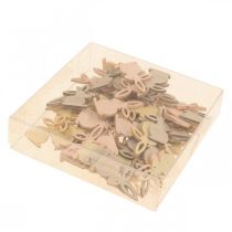 položky Dřevěné sypané ozdoby, velikonoční sypané dílky, velikonoční zajíček, žluté tóny 4cm, 72 dílků