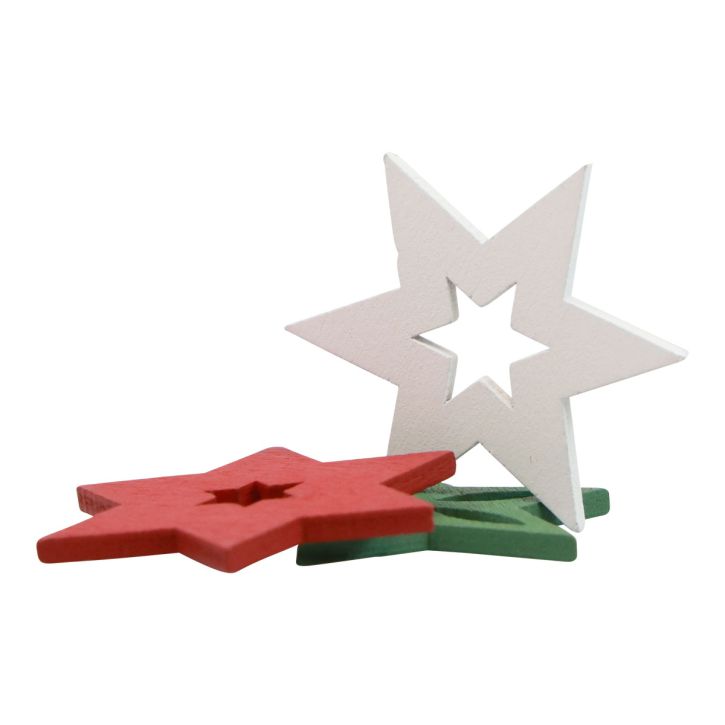Bodová dekorace Vánoční dřevěné hvězdy červená/bílá/zelená Ø3,5cm 72ks