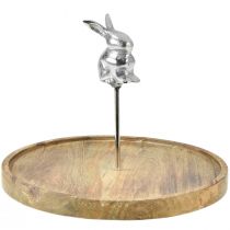 Dřevěný podnos přírodní králík dekorativní kovový stříbrný Ø27,5cm V21cm