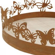 Podnos s motýlky, jaro, dekorace na stůl, kovová dekorace patina Ø20cm V6,5cm