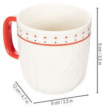 položky Hrnek na kávu s červenou rukojetí, pleteným vzorem a zdobením ve tvaru srdce, keramický, 9 cm, 2 kusy