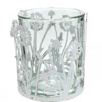 Lucerna s pampelišky, stolní dekorace, letní dekorace shabby chic stříbrná, bílá V10cm Ø8,5cm