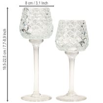 položky Skleněný kuželový svícen na čajové svíčky s podstavcem, výška 19,5/22,5 cm, sada 2 kusů