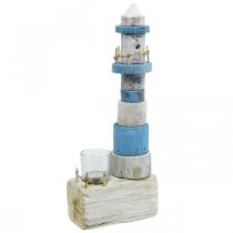 Dřevěný maják s čajovou svíčkou skleněná námořní dekorace modrá, bílá V38cm