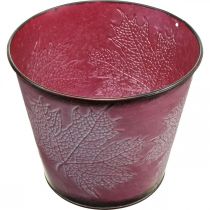 položky Květináč s ozdobou listů, podzimní dekorace, kovový květináč vínově červený Ø16,5 cm V14,5 cm
