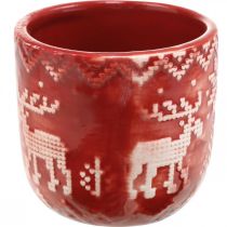 položky Keramická dekorace se soby, adventní dekorace, květináč s norským vzorem červená / bílá Ø7,5cm V7cm 6ks