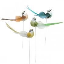 Deco ptáčci, jarní dekorace, ptáčci s peřím, léto, ptáčci na drátě, barevní V3,5cm 12 kusů