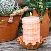 Rustikální svíčky, sloupové svíčky košový vzor, oranžové voskové svíčky 110/65 2ks
