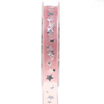 položky Vánoční stuha organza růžová s motivem hvězd 15mm 20m