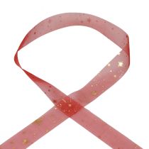 Stuha vánoční, vzor organza červená hvězda 25mm 25m
