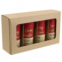 položky Červené adventní svíčky "Veselé Vánoce" vyrobené ze stearinu a řepkového vosku k vánoční dekoraci, sada 4 kusů, 130/60 mm