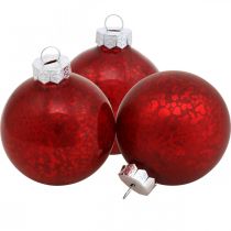 Vánoční koule, přívěšek na stromeček, vánoční koule červená mramorovaná V6,5cm Ø6cm pravé sklo 24ks