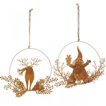 položky Ozdobný prsten k Vánocům, sob v prstenu, Mikuláš s dárkem, kovová dekorace patina Ø18cm sada 2 ks