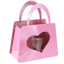 položky Kovová taška na lucernu se skleněnou vložkou růžové srdce V26cm