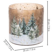 položky Skleněný svícen na čajové svíčky s motivem zimního lesa ve sněhu, vánoční dekorace, 20 cm