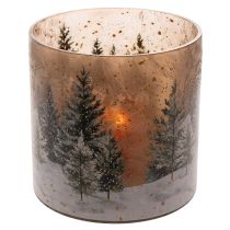 položky Skleněný svícen na čajové svíčky s motivem zimního lesa ve sněhu, vánoční dekorace, 20 cm