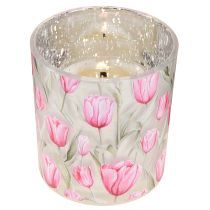 položky Dekorativní skleněná lucerna s tulipánovým vzorem pro jarní dekoraci domova, 8 cm, 4 kusy.