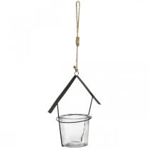 Lampionový domeček, svícen na čajovou svíčku k zavěšení, kovová dekorace, sklo V21,5cm 2ks