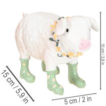 položky Dekorativní prasátko s gumovými holínkami – Zábavná farmářská figurka s květinovým věncem 15,5 cm