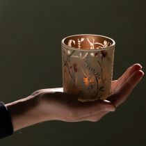 položky Dekorativní skleněná lucerna s květinovým motivem pro atmosférické bytové doplňky, 8 cm, 4 kusy.