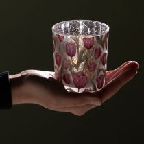 položky Dekorativní skleněná lucerna s tulipánovým vzorem pro jarní dekoraci domova, 8 cm, 4 kusy.