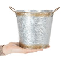 položky Dekorativní květináč s uchy, květináč na rostliny, kovová nádoba, stříbrná, zvětralá ocel, Ø17cm V16,5cm