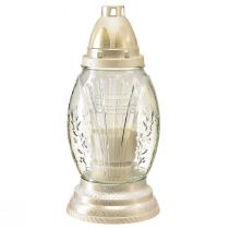 položky Hrob světlá skleněná váza retro hrobová lucerna čiré bílé zlato Ø11cm V26,5cm