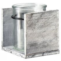 položky Skleněný svícen na čajové svíčky v rustikálním dřevěném rámu – šedobílý, 10x9x10cm – okouzlující dekorace na stůl