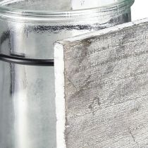 položky Stojan na čajovou svíčku ze skla v rustikálním dřevěném rámu - šedo-bílý, 10x9x10cm - okouzlující stolní dekorace 3 kusy