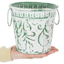 položky Kovové květináče s uchy, květináče s reliéfem, bílá, zelená, shabby chic, V 20,5/18,5/16 cm, Ø 25,5/20,5/15,5 cm, sada 3 ks